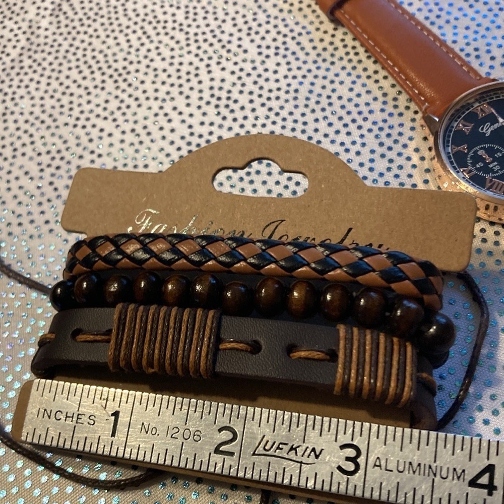 Men Round Pointer Quartz Watch & 3pcs Bracelet beautiful new brown - Picture 11 of 16